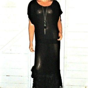 Vintage Nuance Black Lace Ruffled Bow Maxi Dress L